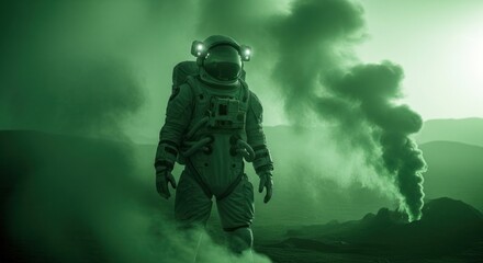Astronaut explores a smoky, otherworldly green landscape, backlit by sun