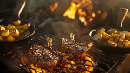 Grilled Lamb Chops and Roasted Onions Over Open Fire