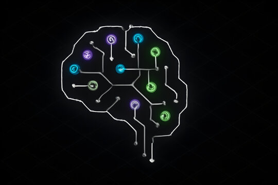 Neon brain network with glowing nodes and circuit connections on black background