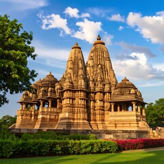 A magnificent ancient temple structure, ornately carved from light beige stone, stands imposingly against a vibrant blue sky dotted with fluffy white clouds, with lush greenery surrounding the base.