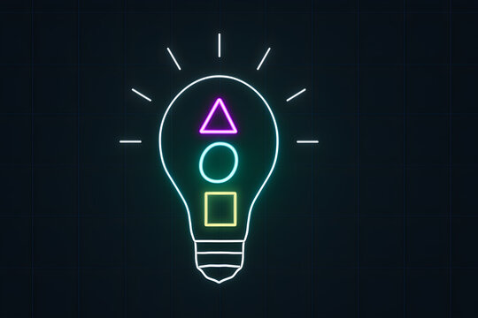 Neon geometric shapes inside wireframe lightbulb on black background