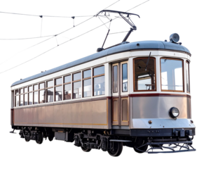 Front-Angle View of Vintage Tram Wagon with Metallic Finish