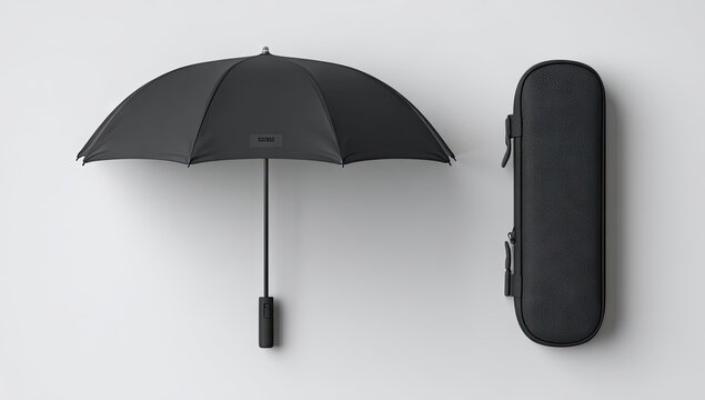 Black umbrella is open, beside a textured case, on a white surface