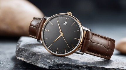 Luxury wristwatch with brown leather strap resting on rock