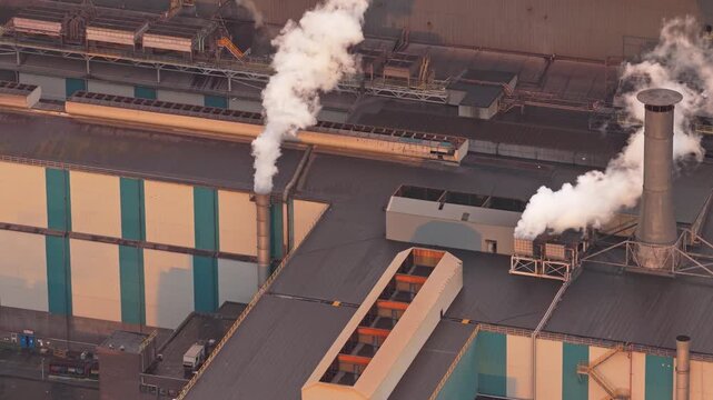 Aerial drone view of Tata Steel industrial plant and blast furnace, Holland