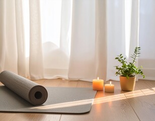 Peaceful Yoga Scene with Rolled Mat, Candles, and Plants