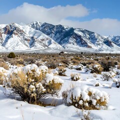 Snowy landscape with wintry mountains and desert shrubs.