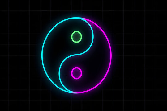 Neon yin-yang abstract vector on black grid background