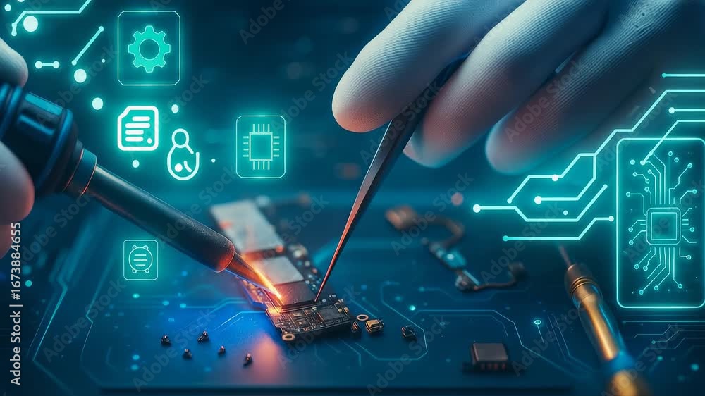 Poster precision soldering and circuit repair on microchip with digital technology for electronics and inno