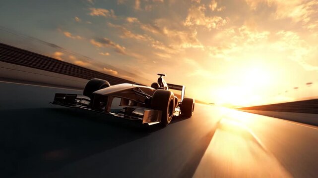 High-speed racing car is driving on track during sunset, highlighting the motion and energy of the scene with vivid colors and dramatic lighting