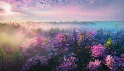dreamy pastel forest with soft fog
