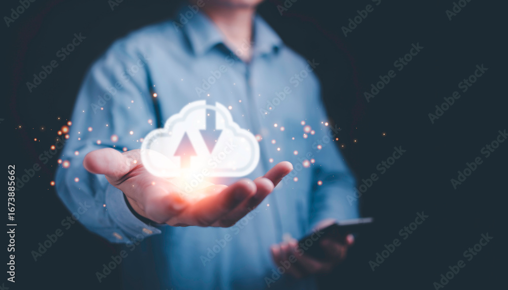 Poster transforming business strategy with cloud computing hand-holding artificial intelligence and big dat
