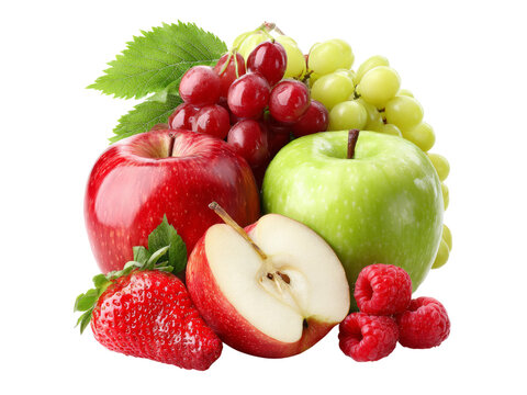 Fresh red apple green apple grapes strawberry raspberries healthy fruit, Isolated On White Background, Png Transparent