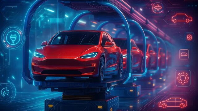 Automated Car Manufacturing Line with Electric Vehicles on Production Conveyor