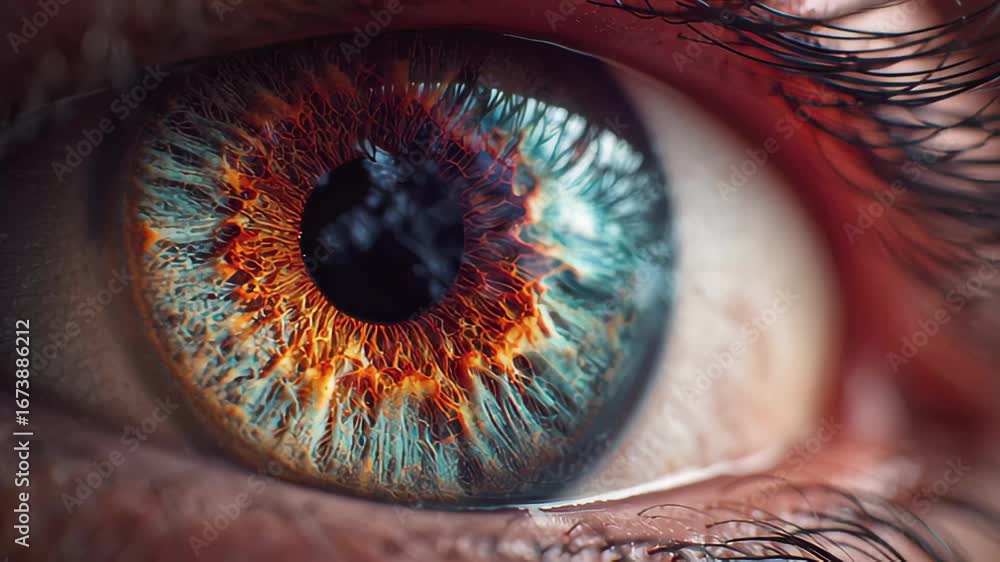 Poster close-up of a vibrant human eye showcasing intricate colors and patterns with a focus on the iris an