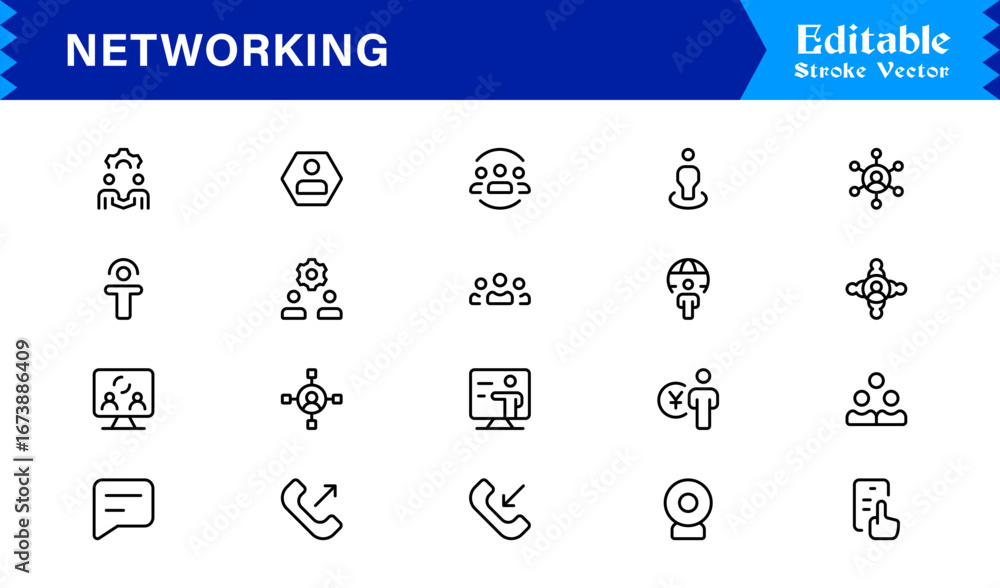 Poster professional networking line icon set featuring modern, minimal, and unique designs ideal for busine