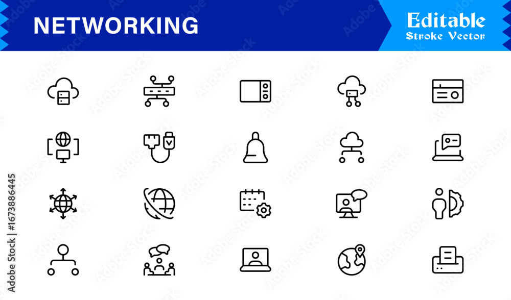 Poster professional networking line icon set featuring modern, minimal, and unique designs ideal for busine