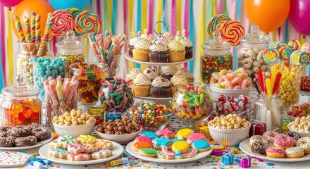 Fototapeta premium Colorful Candy Buffet with Cupcakes and Cookies: Birthday Party Treats