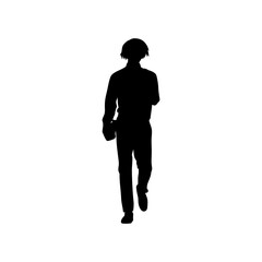 A bold silhouette of a person walking, likely a business professional.
