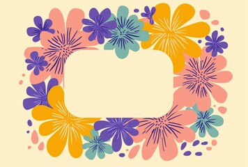A vibrant floral design featuring pink, orange, and purple flowers surrounding a blank frame, perfect for personalized messages.