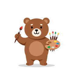 Fototapeta premium A charming cartoon brown bear artist holding a colorful paint palette and a red paintbrush.