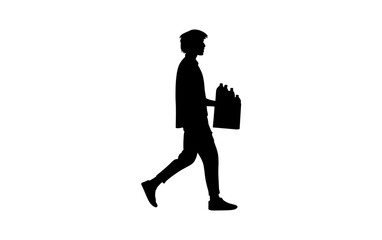 A simple, impactful silhouette of a person walking and carrying bags, perfect for depicting everyday activities, retail, or urban settings.