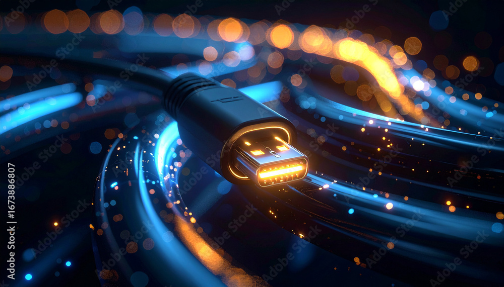 Poster high-speed data connection: a close-up image captures a sleek black hdmi cable, emanating a vibrant 