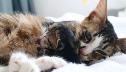 A mother cat gently nurses her tiny kitten, displaying a heartwarming moment of care and love.