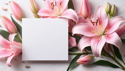 elegant floral mock up featuring soft pink lilies on a blank card with a delicate border perfect for invitations greeting cards or personalized messages in a serene setting