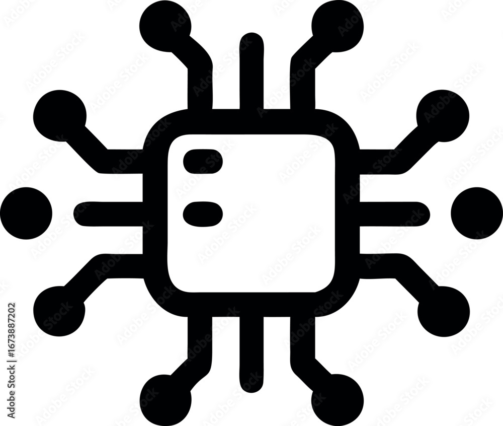 Poster simple black and white line art icon of a computer chip, representing the concept of processing powe