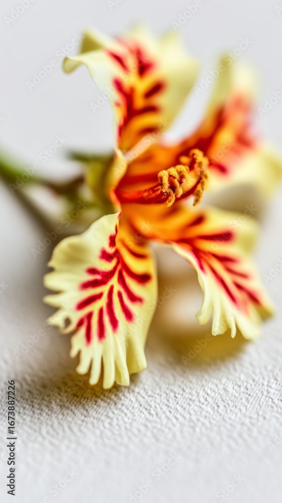 Aufkleber close-up view of a vibrant flower with intricate patterns and warm colors on a soft textured surface