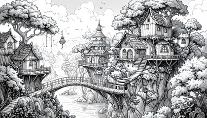 Highly Detailed Fantasy Treehouse Village Illustration with Intricate Bridges and Lush Natural Surroundings