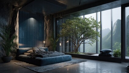 Fototapeta premium Modern Bedroom with Stone Walls and Panoramic View of Mountain Landscape