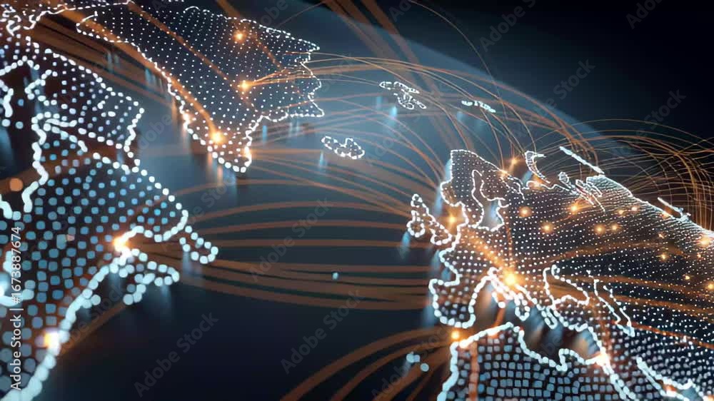 Poster global connectivity visualized through glowing network lines on a digital world map