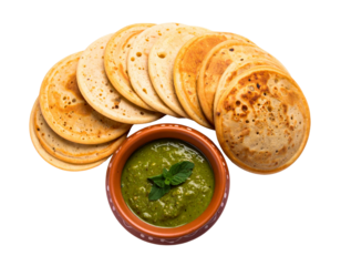 Stack of Mini Pesarattu Dosas with Ginger Chutney Bowl, Transparent PNG