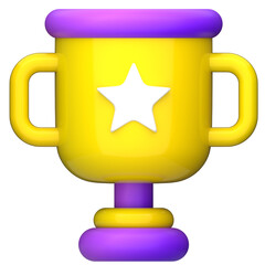 Stylized 3D render of a glossy yellow and purple trophy cup with a star, symbolizing victory and achievement. Isolated winner's prize icon for success