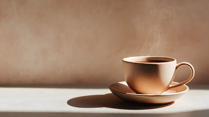 Minimalist close-up of a steaming cup of coffee withsoft shadows on a neutral ackground