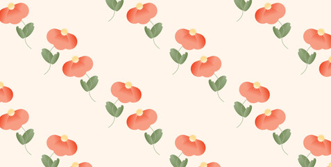 Seamless Pattern with Red Flowers and Green Leaves on Light Background. Modern Flat Botanical Design with  Petals and Yellow Centers. Decorative Floral Motifs for Wrapping Paper, Textile, Wallpaper