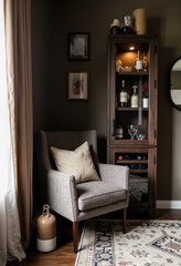 A cozy and sophisticated reading nook featuring a comfortable armchair and an elegant, lit home bar cabinet, creating a warm and moody corner for relaxation.
