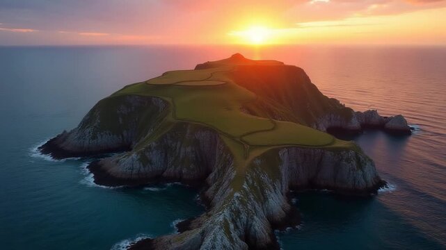 Aerial. Beautiful aerial view of rocky promontory, jutting out into sea at sunset
