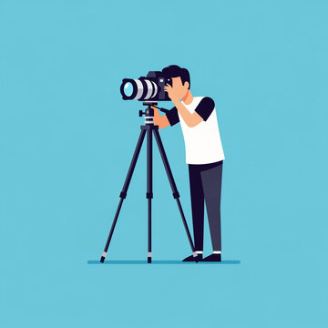 Vector illustration of a male photographer with a professional camera on a tripod looking through the viewfinder against a blue background.