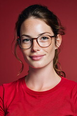 Obraz premium Ultra realistic full body portrait of female receptionist in red semi-formal attire