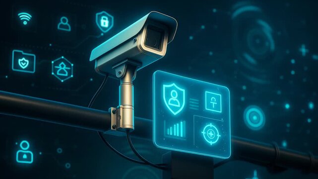 Security Camera with Shield Icons and Digital Display on Dark Network Background