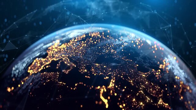 Global Connection Lines. Network Data Transfer Over Earth. Futuristic AI Technology, 5G, Satellite Communication, Internet Connectivity, Big Data, Digital World Background Animation. Crypto Exchange