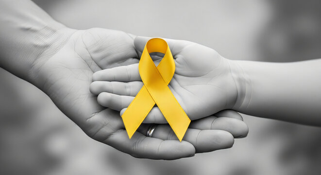 Adult and child hands in grayscale holding bright yellow ribbon, banner template for childhood cancer awareness month health care family support and charity campaign with copy space. - Powered by Adobe
