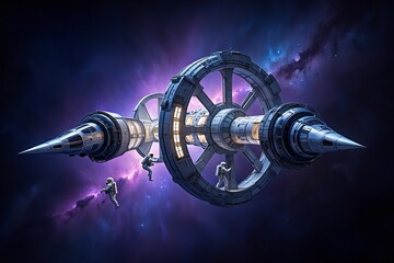 Massive Futuristic Space Station Navigating Cosmic Nebula with Astronauts Exploring Exterior Structures