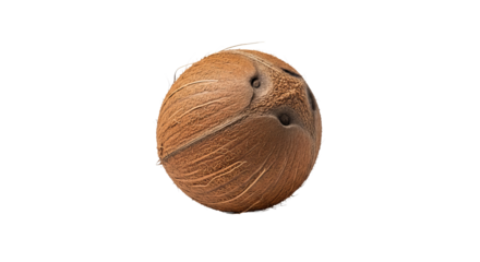 A coconut sits against a background, showcasing its brown, fibrous shell and round shape.