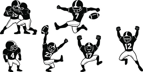 American football players in action, cartoon athletes celebrating touchdown, team sport illustrations, football game moments, sports clipart, winning celebration graphics