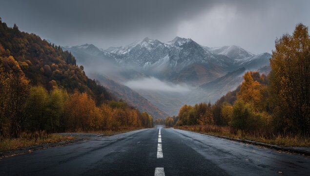 A desolate, empty road cuts through a colorful autumn forest towards snowy mountain peaks