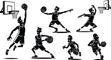 Basketball players silhouette illustration, slam dunk, dribbling, shooting, passing ball, team sport art, athletic movement, basketball game action clipart